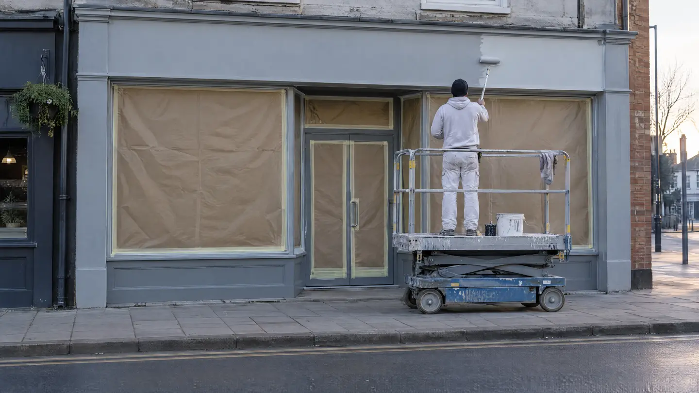 Storefront fascia being repainted early in the morning with windows masked
