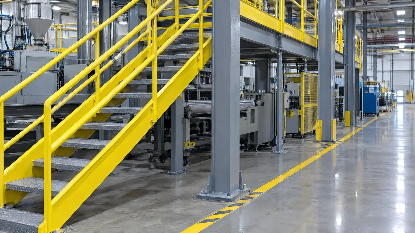Safety-yellow stair rails and coated steel columns inside a plant