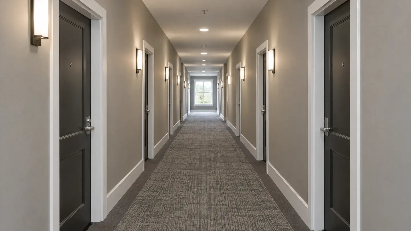 Repainted apartment corridor with dark unit doors