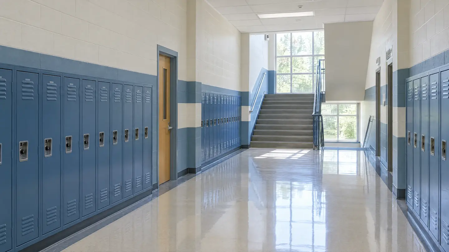 School hallway with painted lockers and a color band
