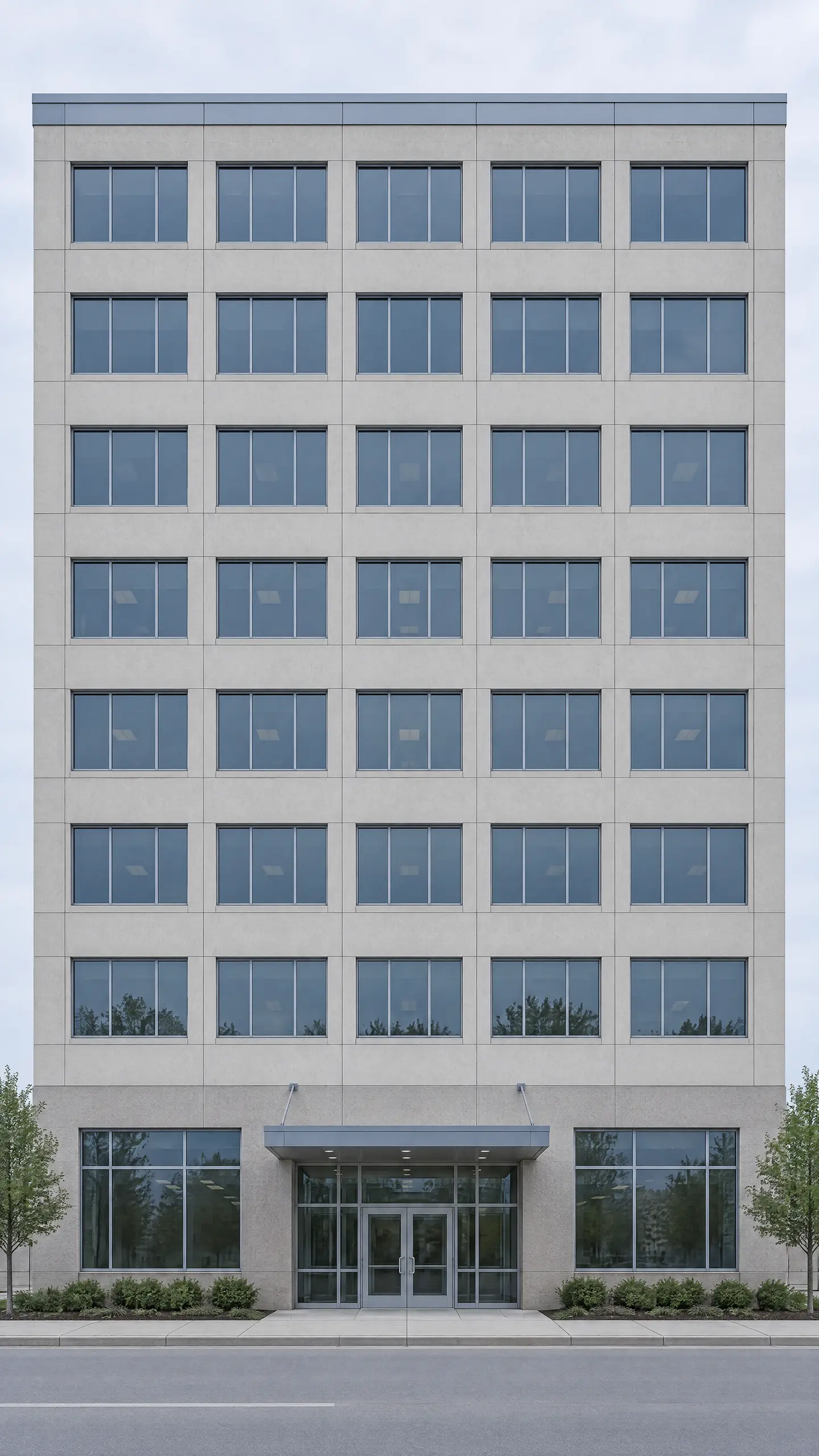 Straight-on elevation of an eight-story precast office building