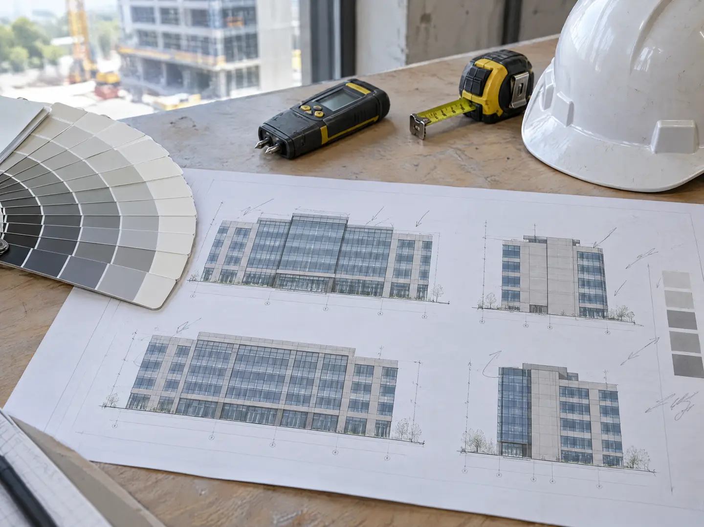 Commercial building elevation drawings, a paint fan deck, a moisture meter and a hard hat on a site office table