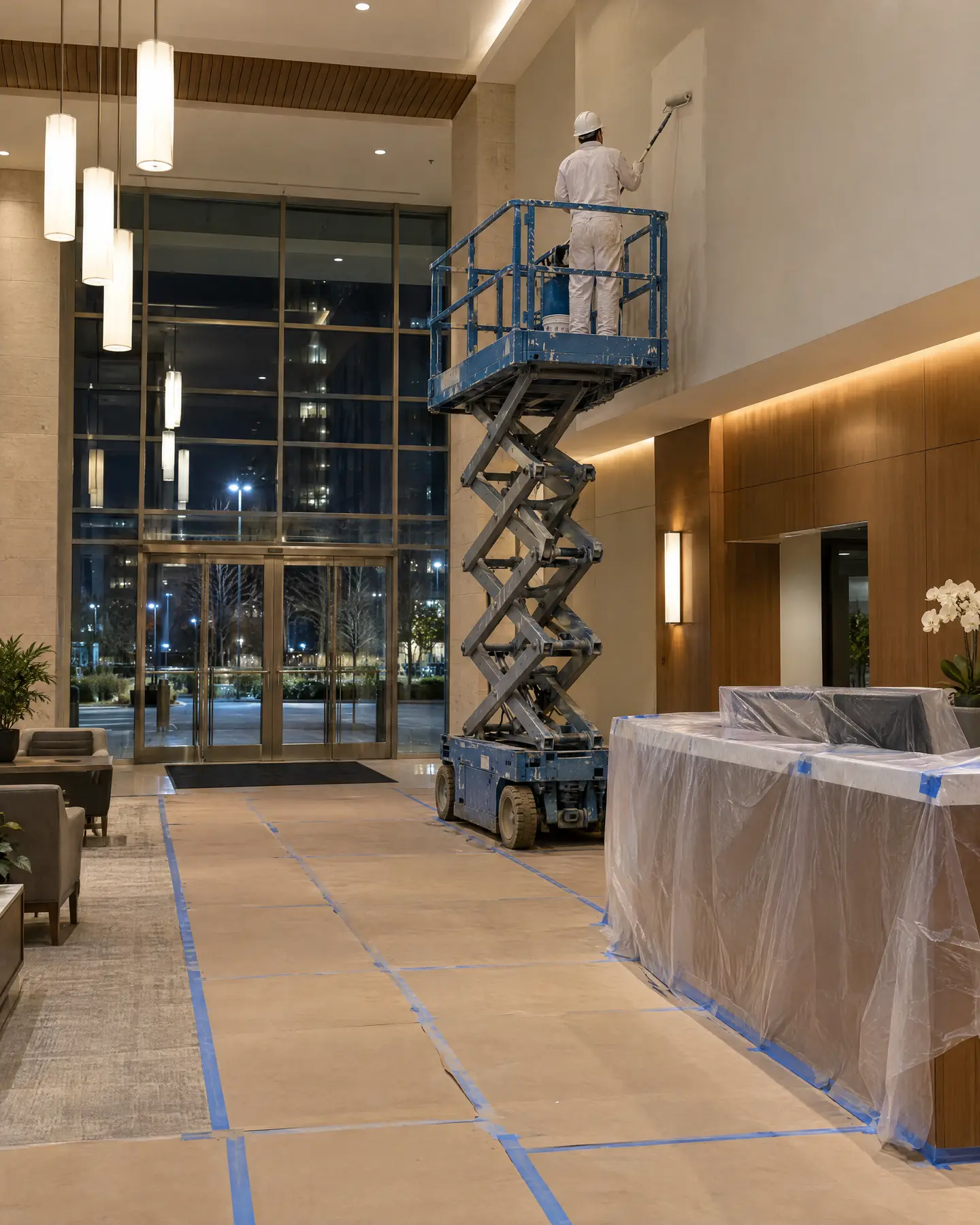 Painter on a scissor lift in a protected double-height lobby