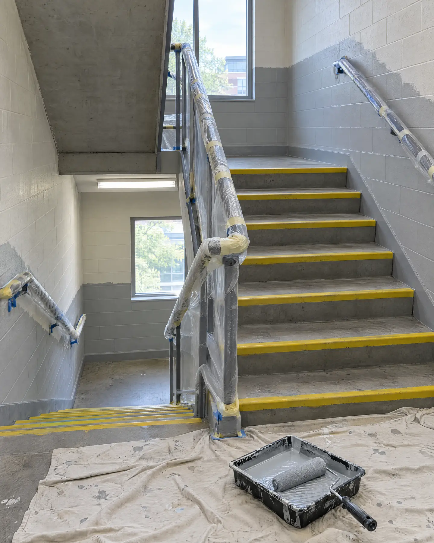 Stair core with masked handrails and half-painted block walls