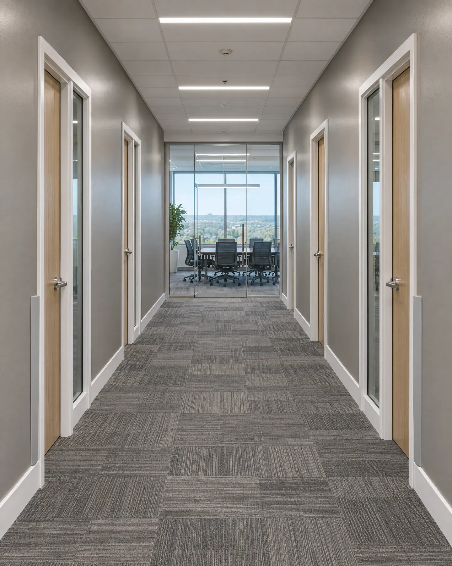 Finished office corridor with satin walls and white door frames