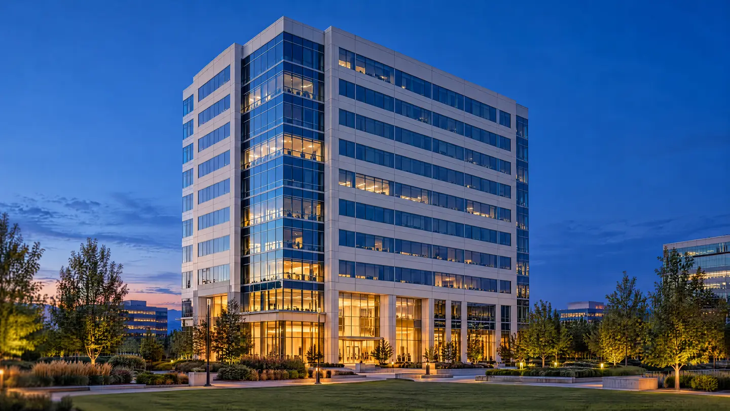 Precast and glass office tower at dusk after an exterior repaint