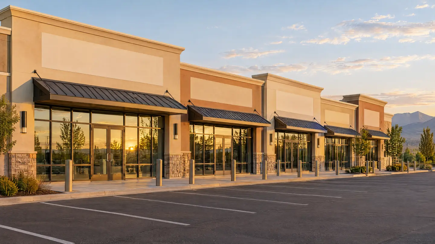 Repainted retail center storefronts at golden hour