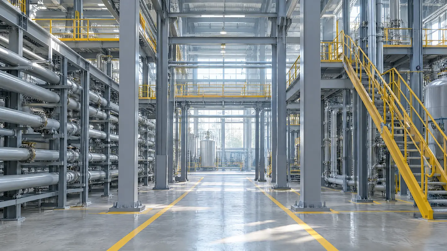 Recoated structural steel and pipe racks inside an industrial plant
