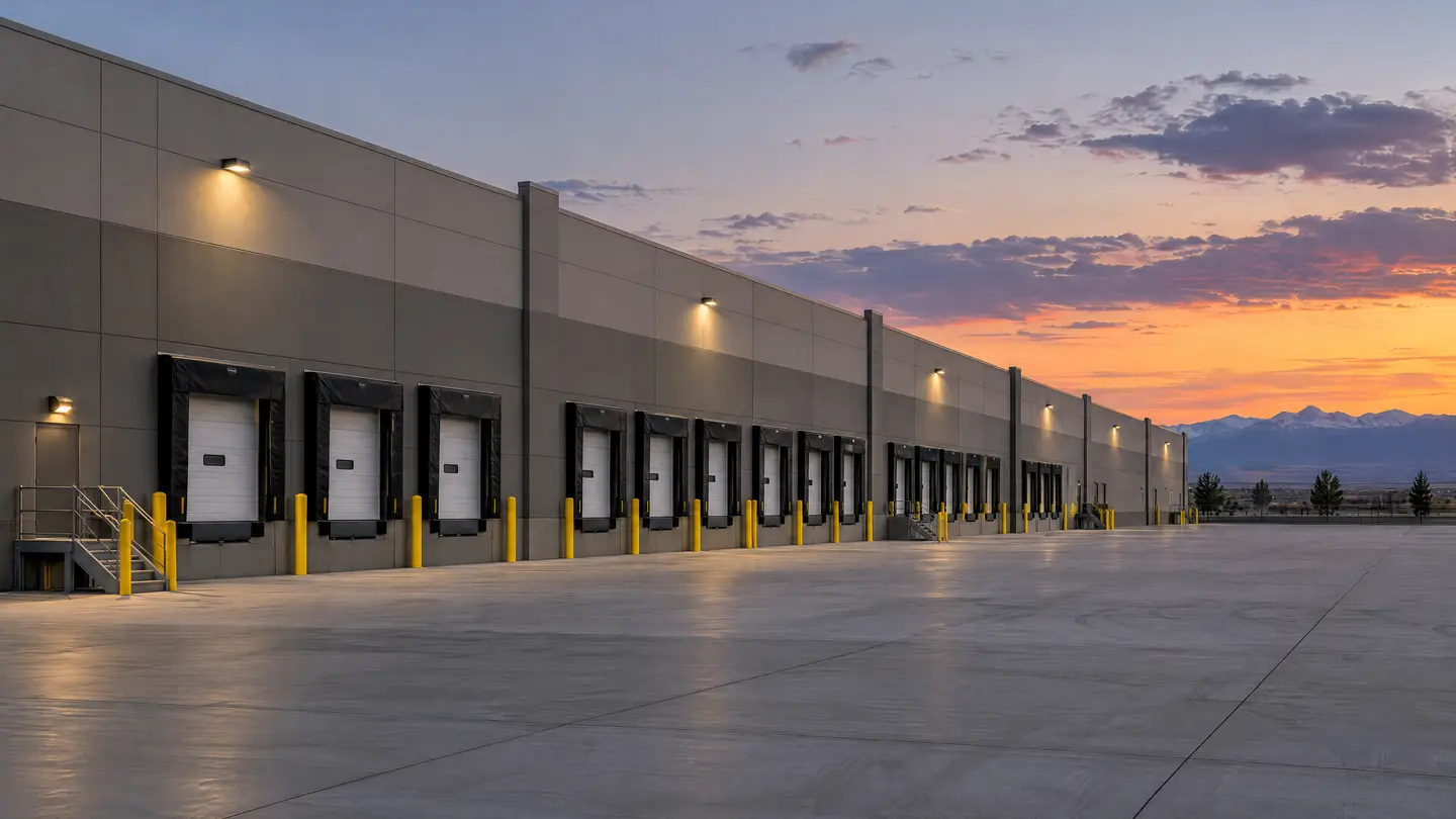 Freshly painted tilt-up distribution warehouse with dock doors