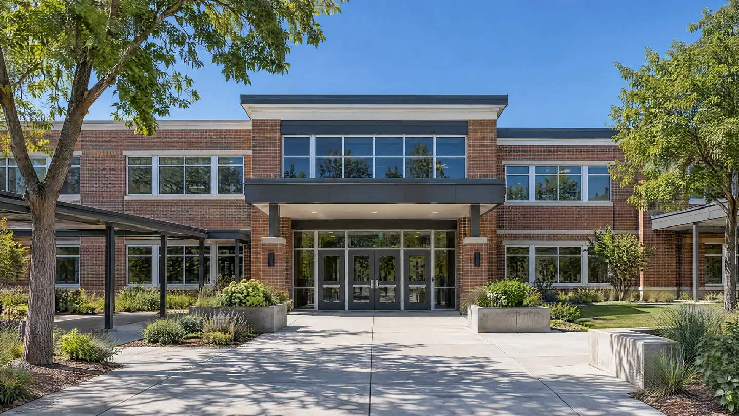 School campus building exterior after a summer repaint