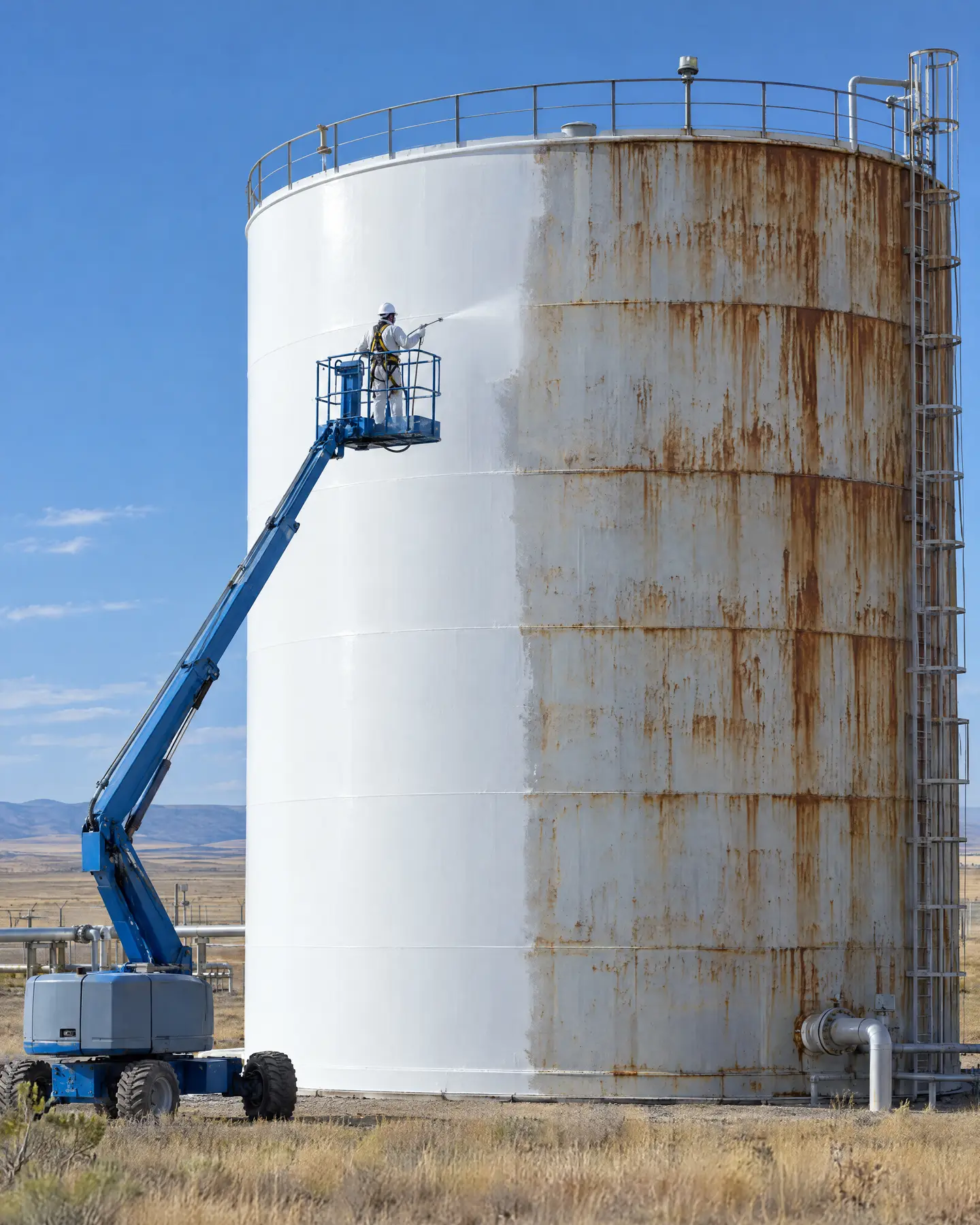 Industrial storage tank being recoated, with surface prep and fresh coating visible