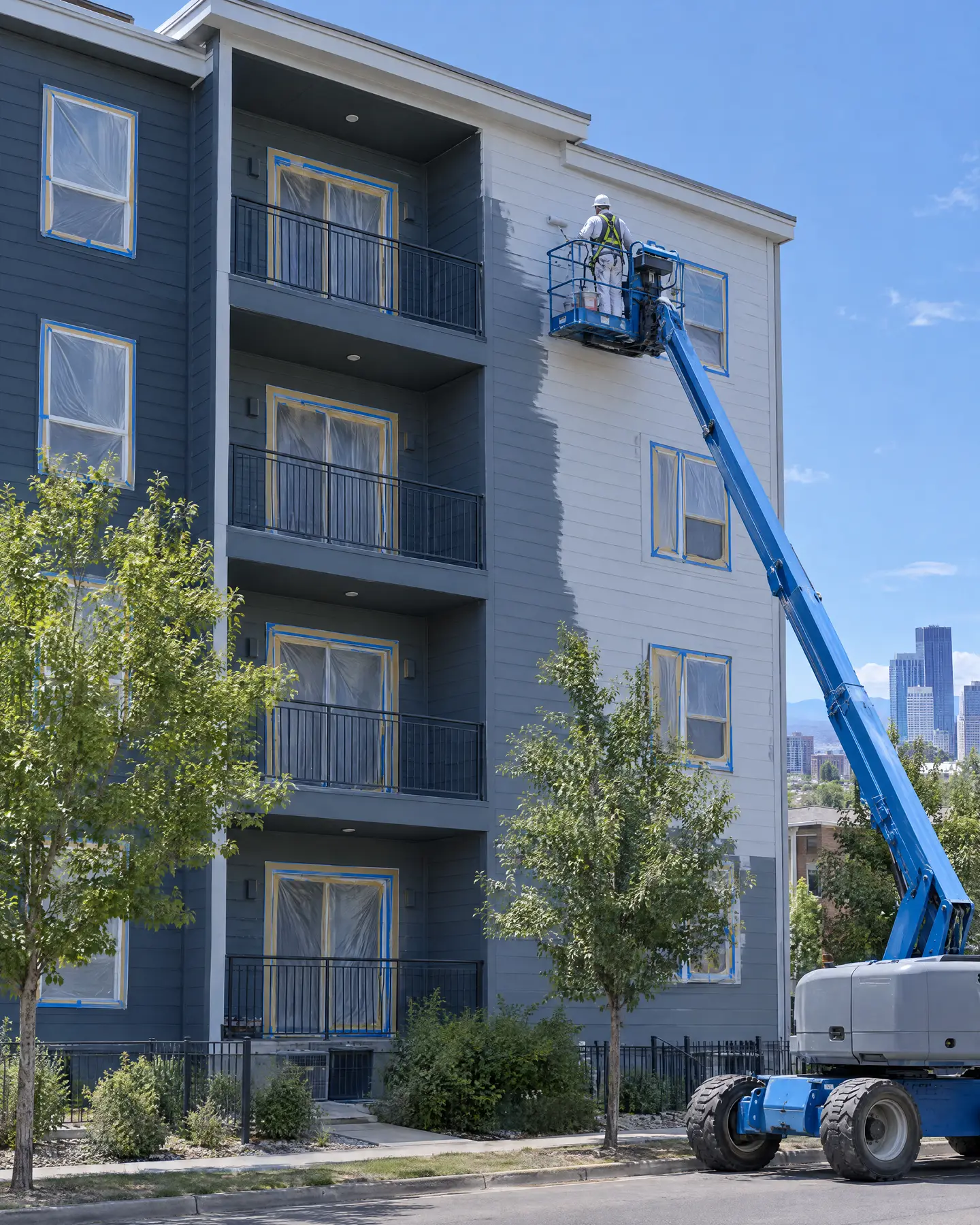 Multifamily building exterior repaint with a boom lift