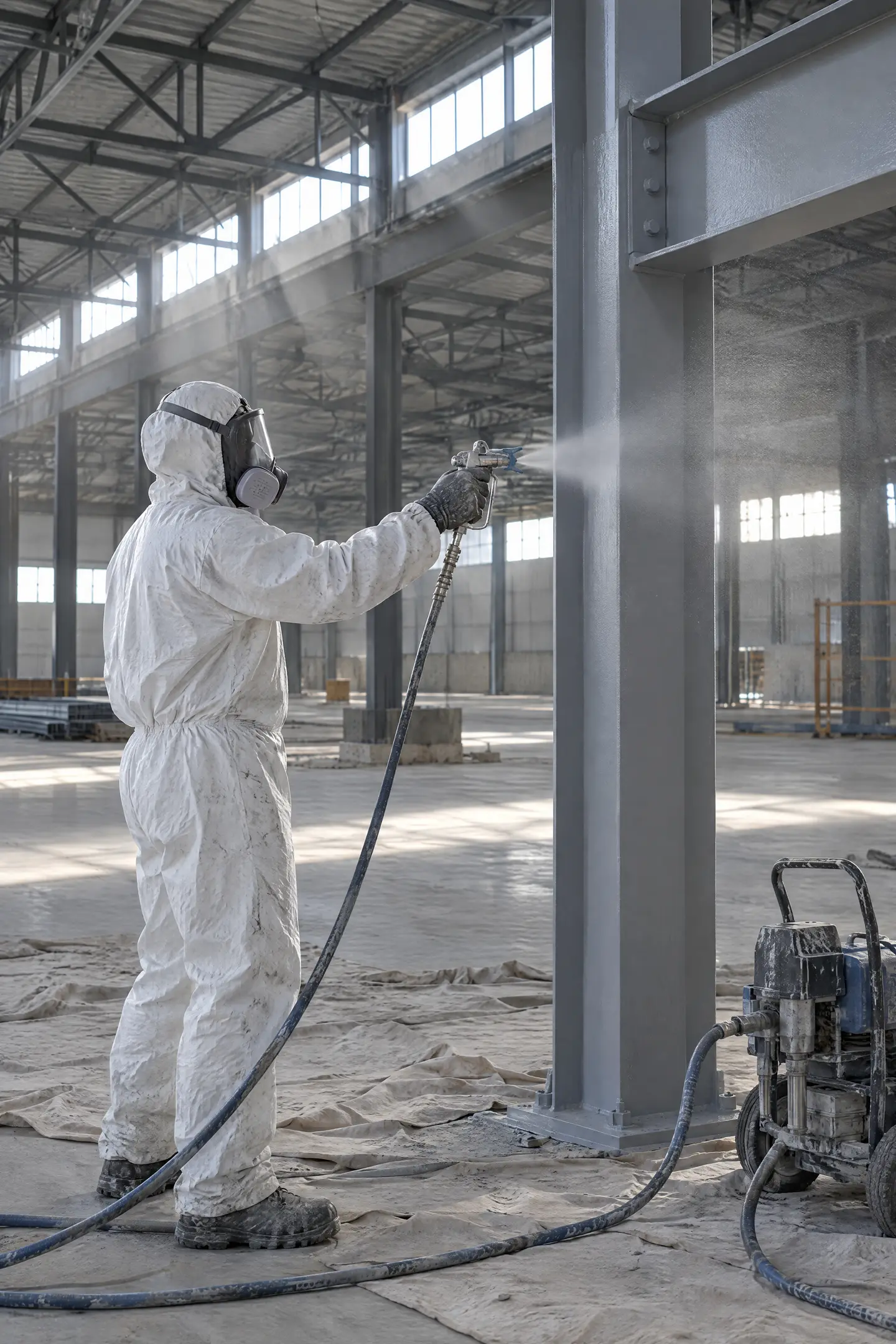 Structural steel in a warehouse being spray coated