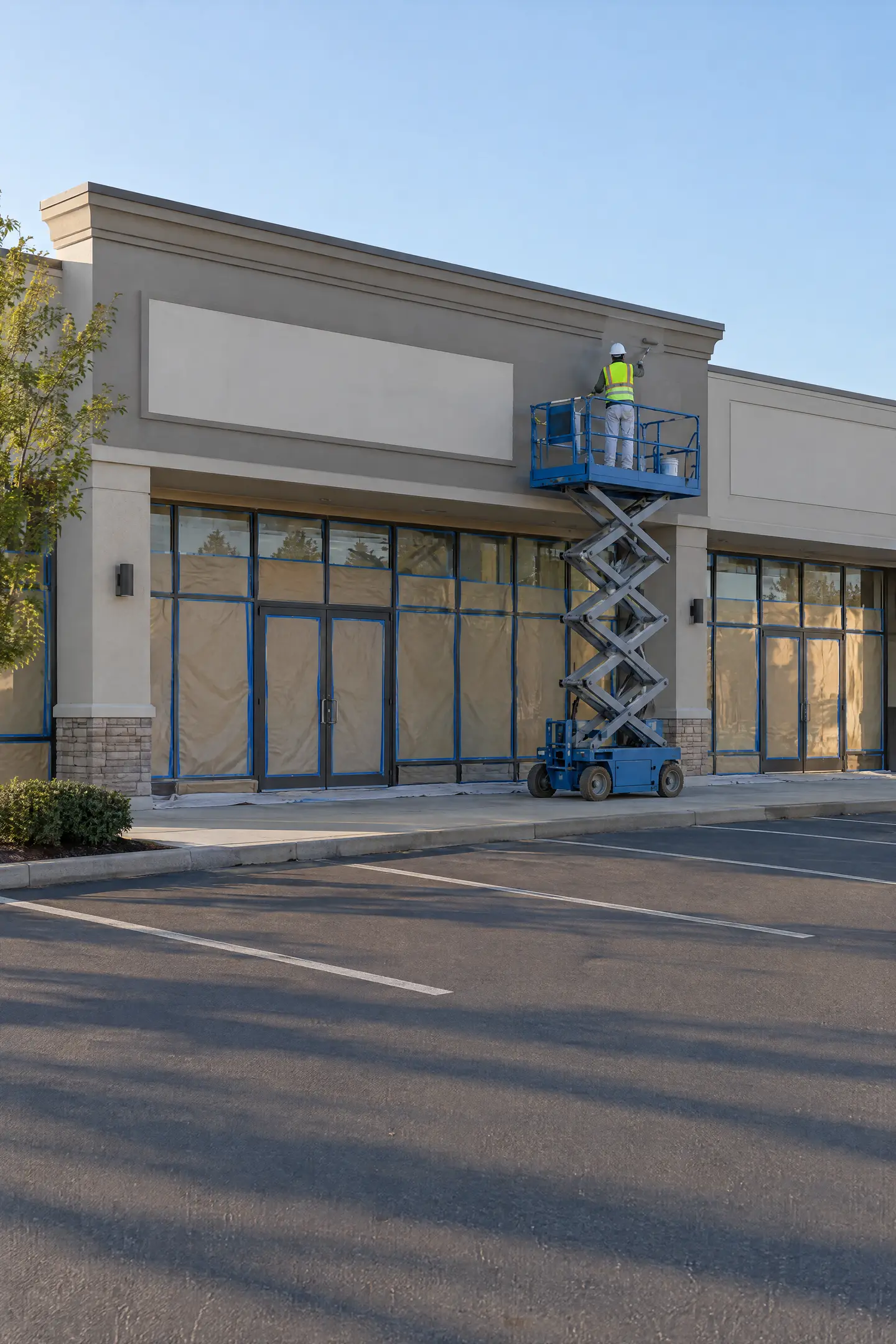 Retail center storefronts during an exterior repaint