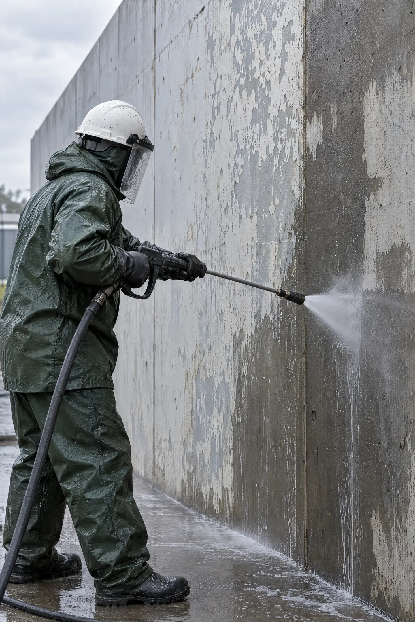 Pressure washing a concrete wall before coating