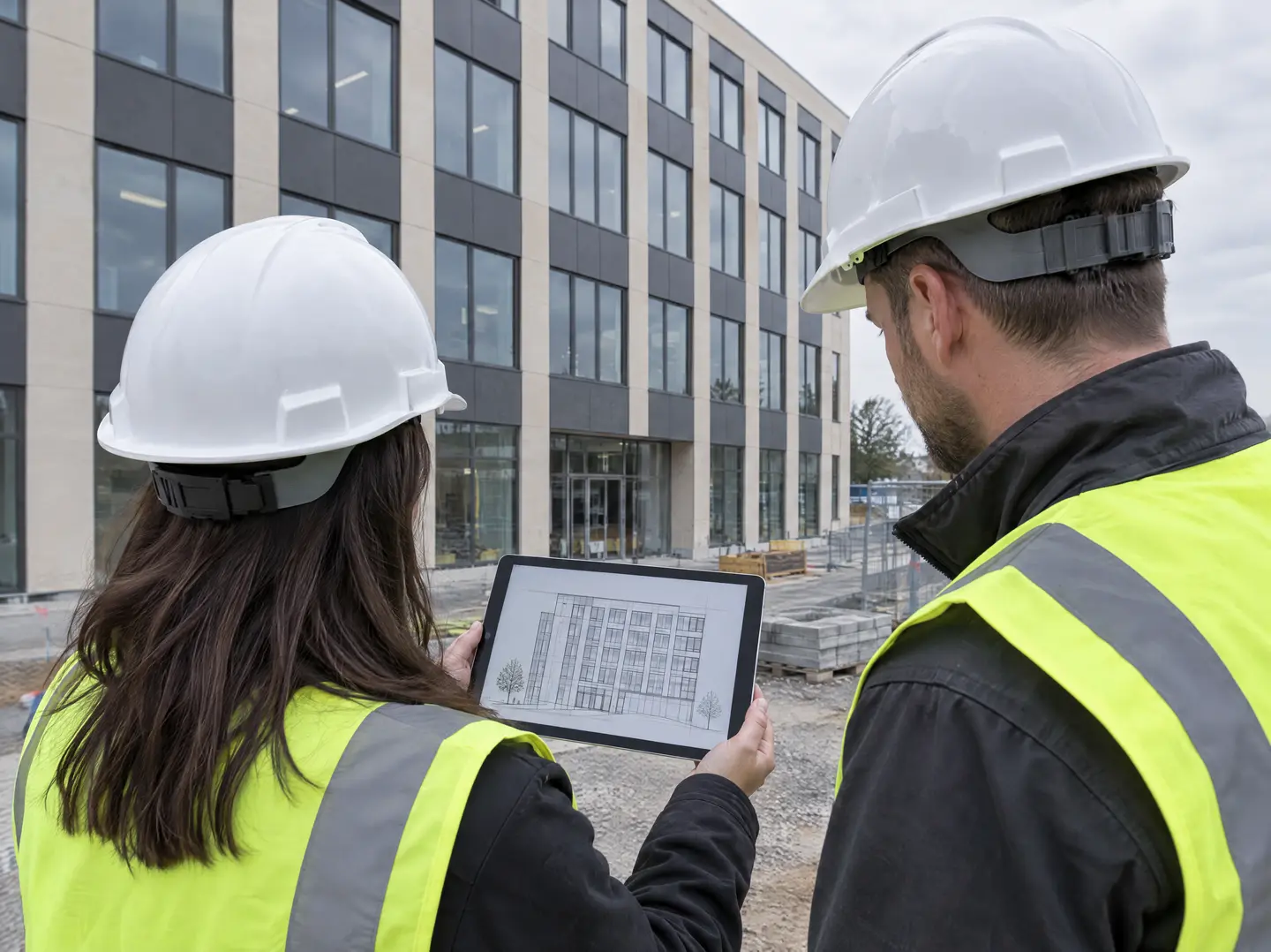 Two people in hard hats reviewing an elevation drawing on a tablet at a building site