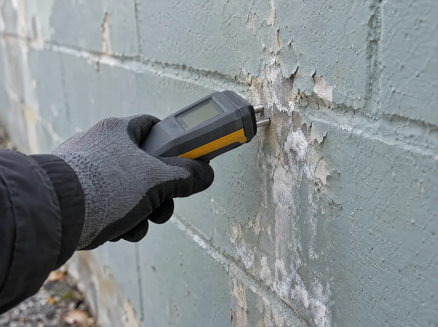 Moisture meter pressed against a painted block wall with peeling paint