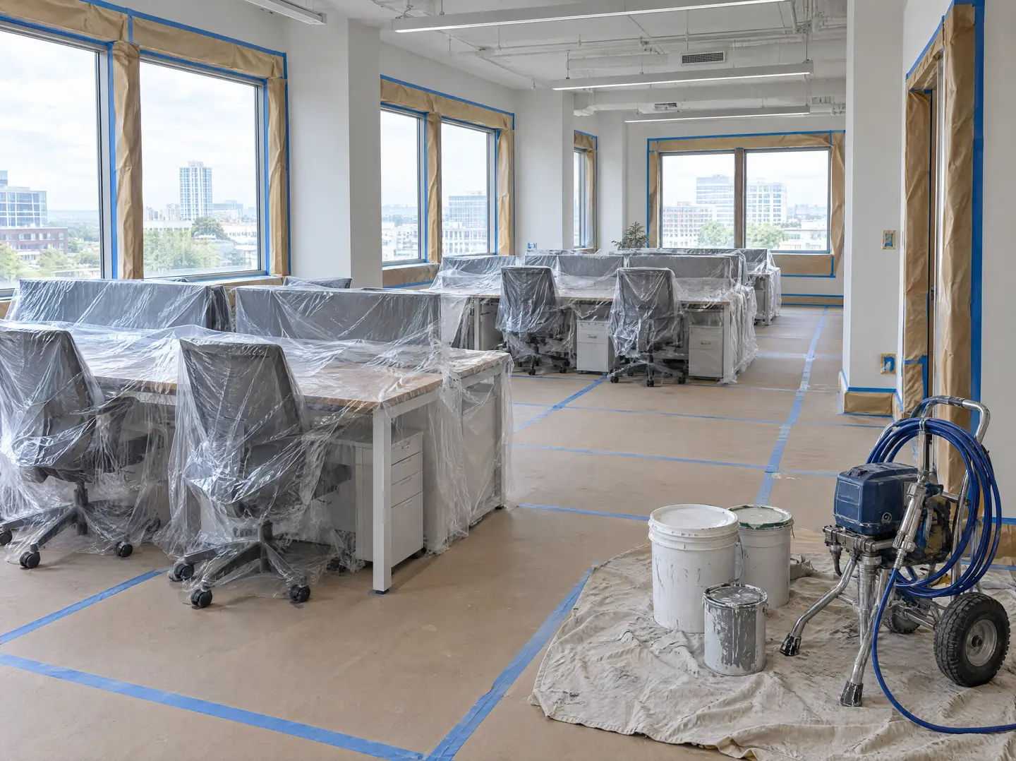 Open office with furniture wrapped and floors protected for painting