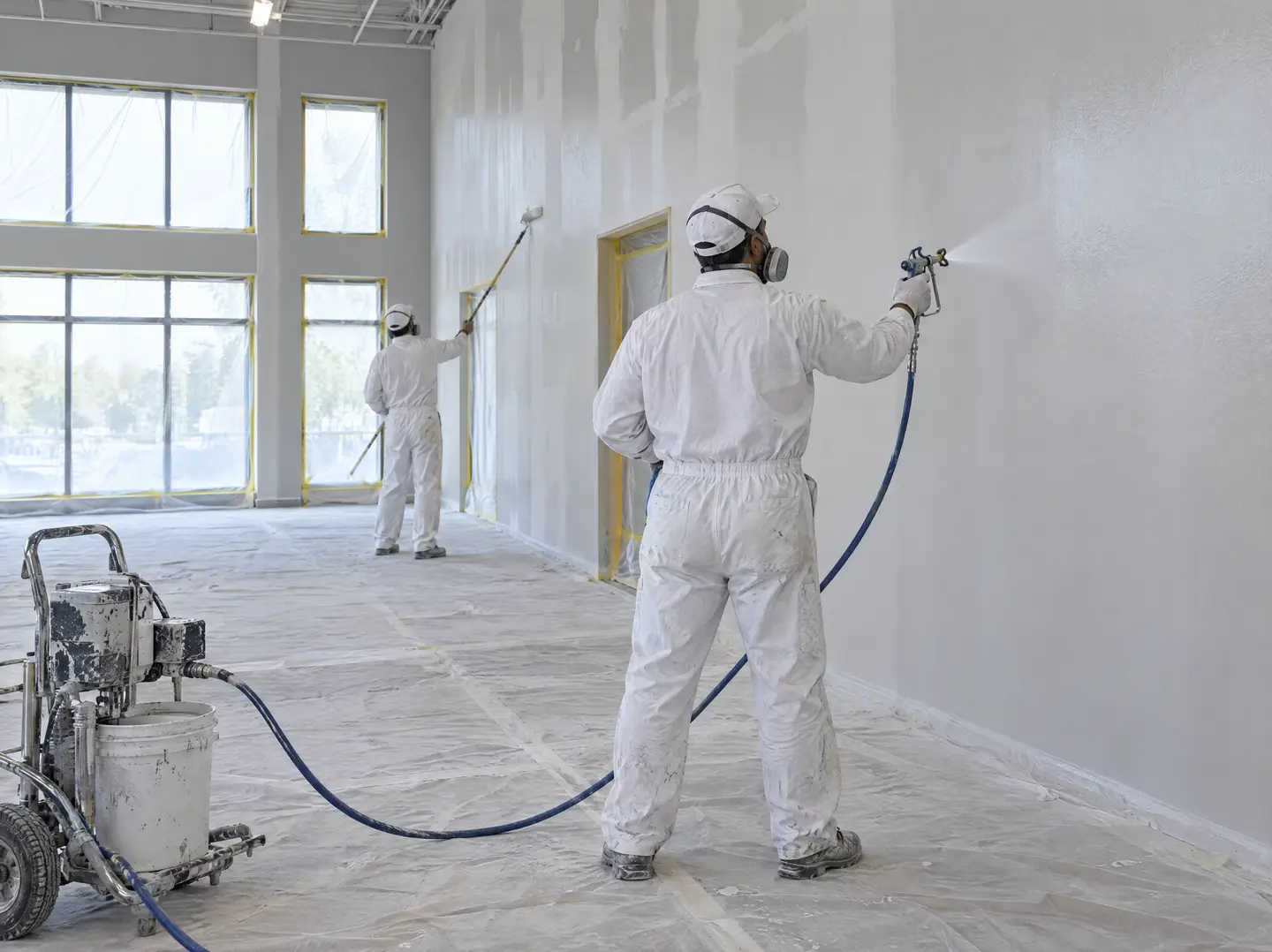 Painter spraying a finish coat on interior walls with a second painter back-rolling