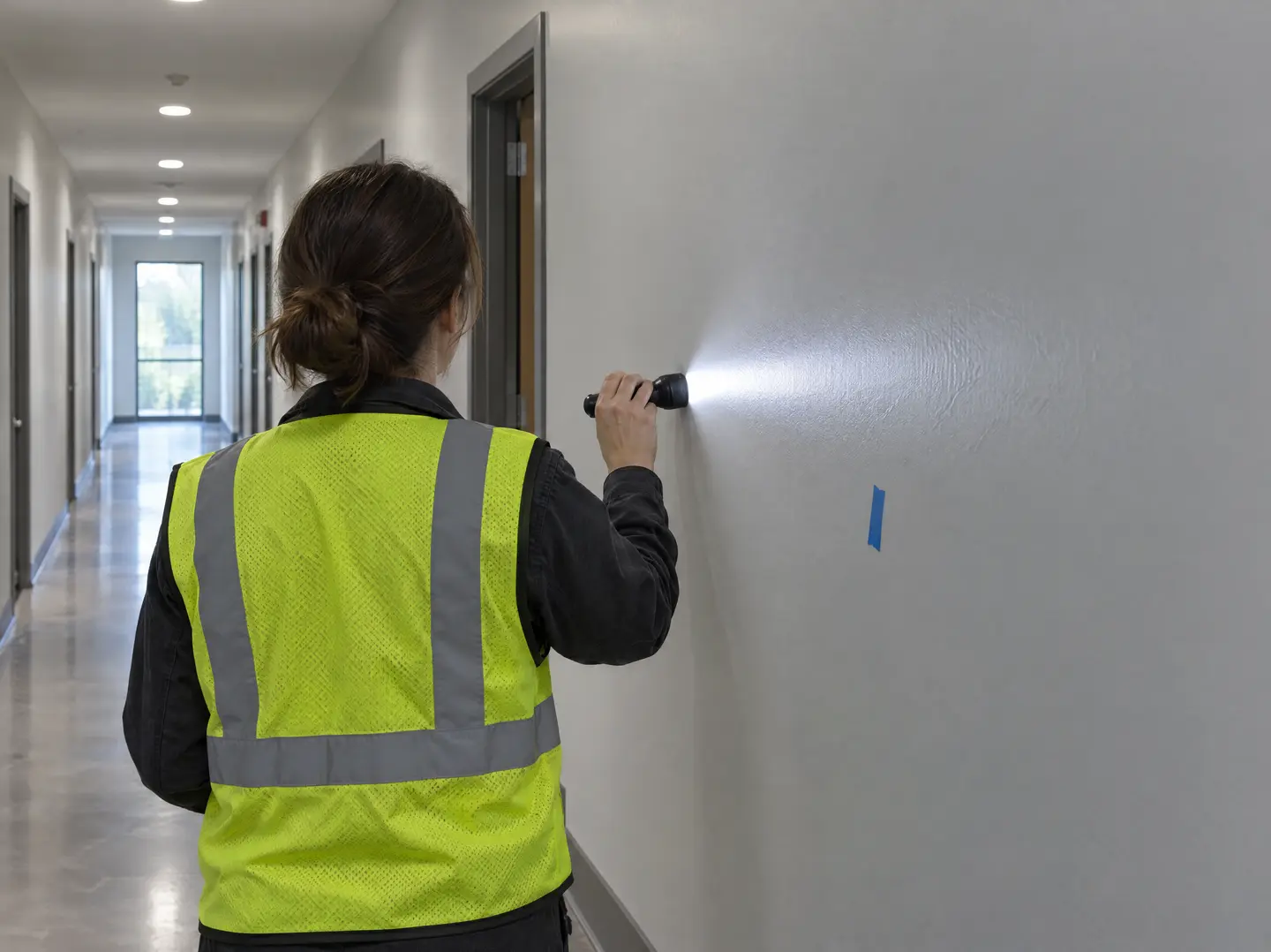 Inspector using raking flashlight on a freshly painted corridor wall