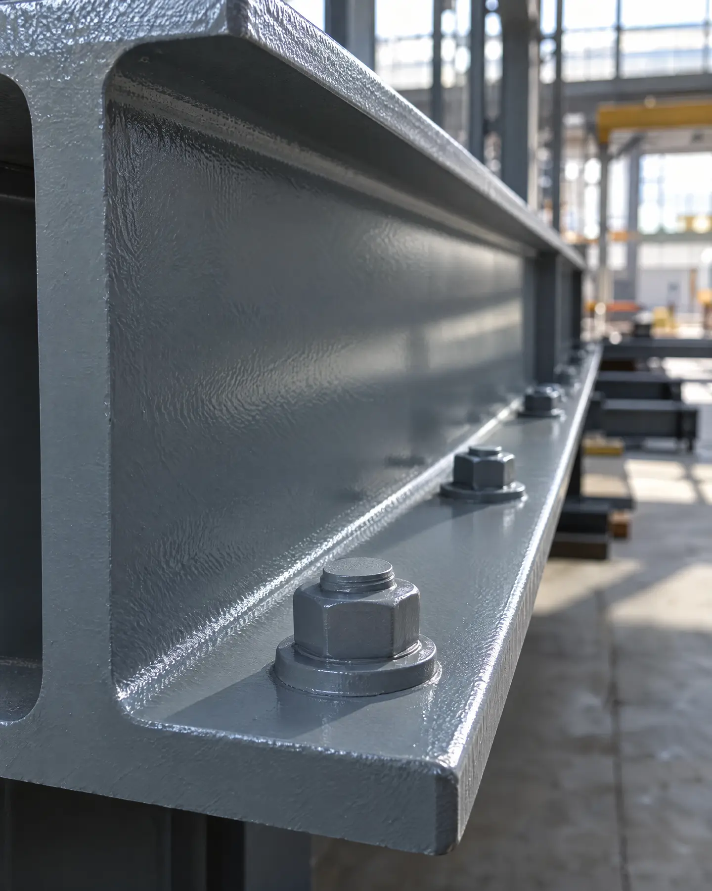 Smooth gray industrial coating along a steel beam flange