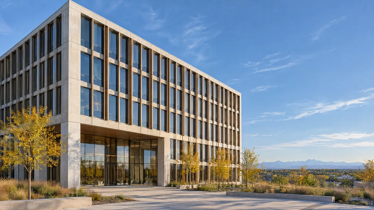 Modern office building of precast concrete and glass with the Front Range on the horizon