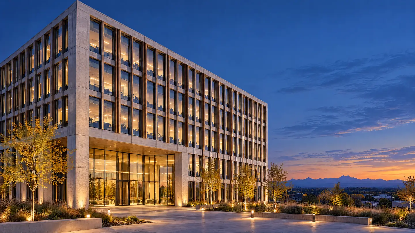 Office building at dusk with lights on