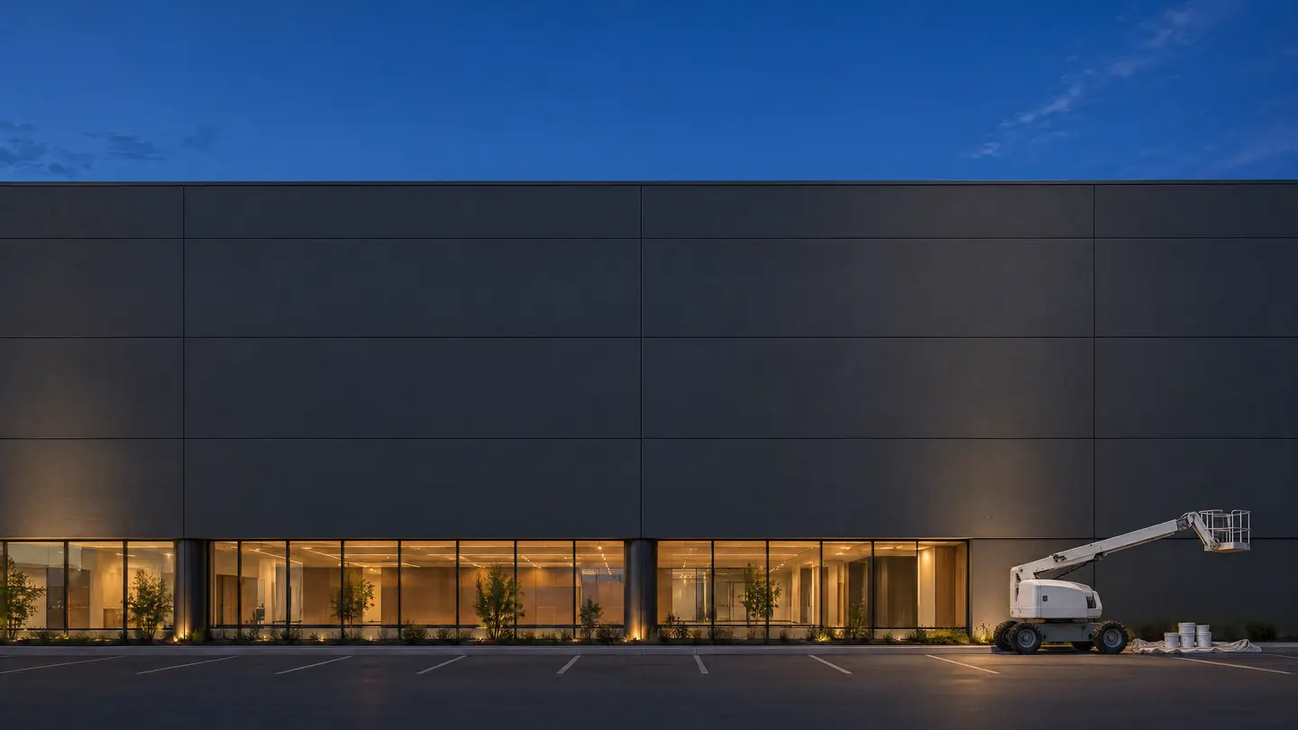 Charcoal-painted precast facade at blue hour with a lit ground floor and a parked boom lift